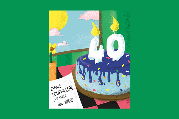 Illustration représentant un gâteau d'anniversaire avec les chiffres 4 et 0 pour les 40 ans de l'Arcade 84