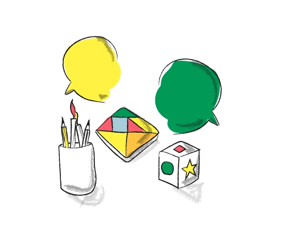 Illustration représentant du matériel pour les ateliers d'ergothérapie (des crayons, un jeu de puzzle visuel, un dé, etc.)