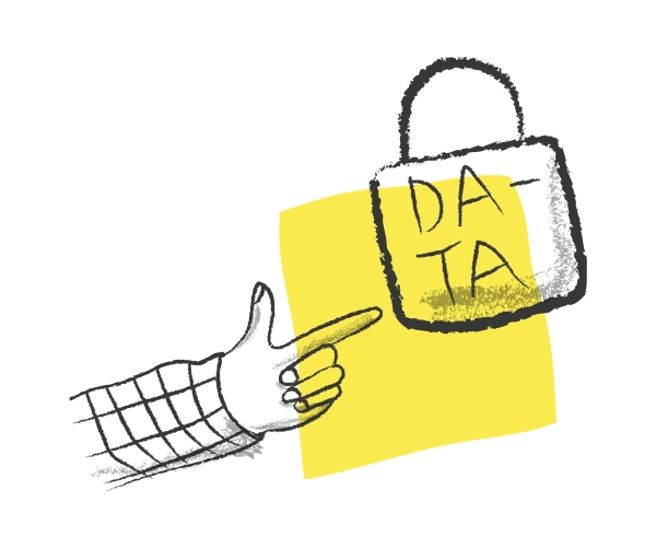 Visuel représentant un avant bras avec un index pointant un cadenas avec écrit dessus "data"