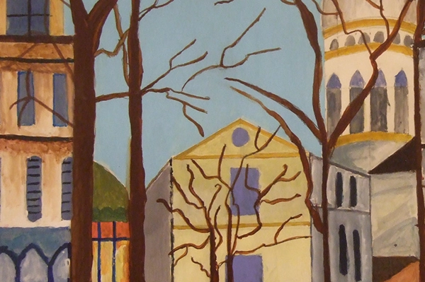 Visuel représentant une peinture avec des bâtiments et des arbres