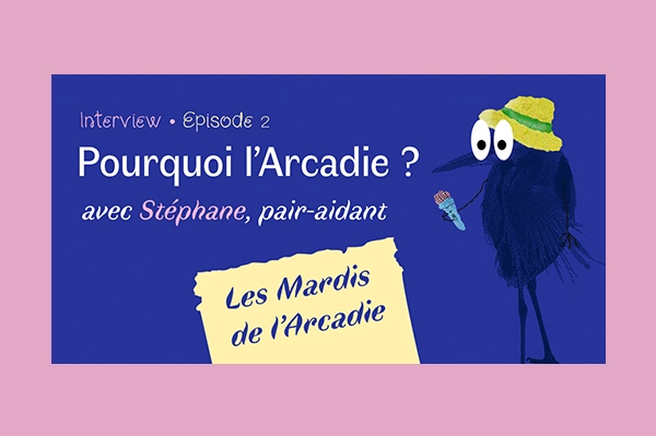 Héron avec des yeux BD qui tient un micro, Mardis de l‘Arcadie