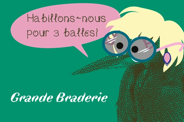 Héron avec lunettes et le texte Grande Braderie