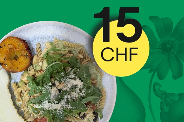 Assiette végétarienne avec montant de 15 CHF dans une bulle jaune