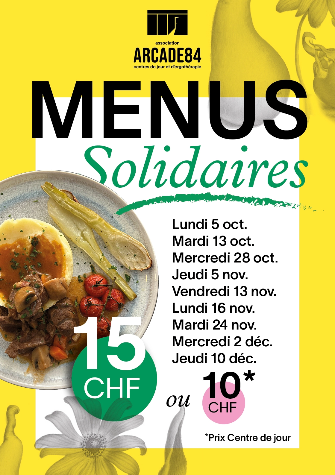 Assiette d’hiver de saison avec dates des menus solidaires du restaurant arcade84
